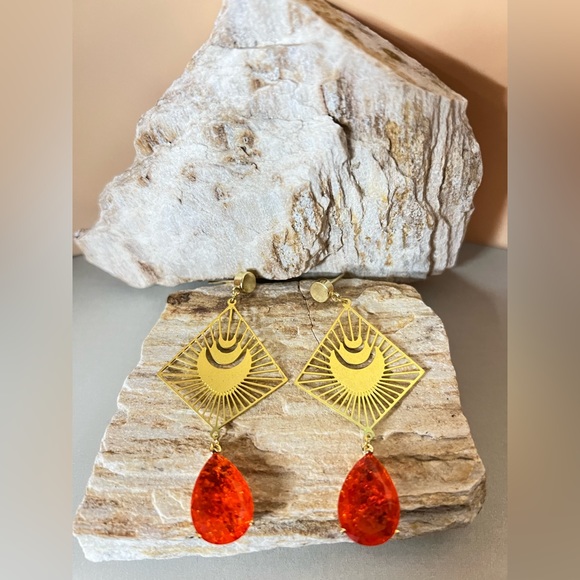 Delicate Statement Gold & Orange Dangle Earrings - Long Trendy Stylish Earrings - Picture 10 of 17